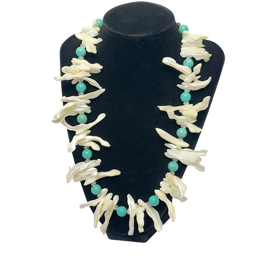 Mother of Pearl Necklace Blue Stone & Quartz Crystal Spacers MOP Statement